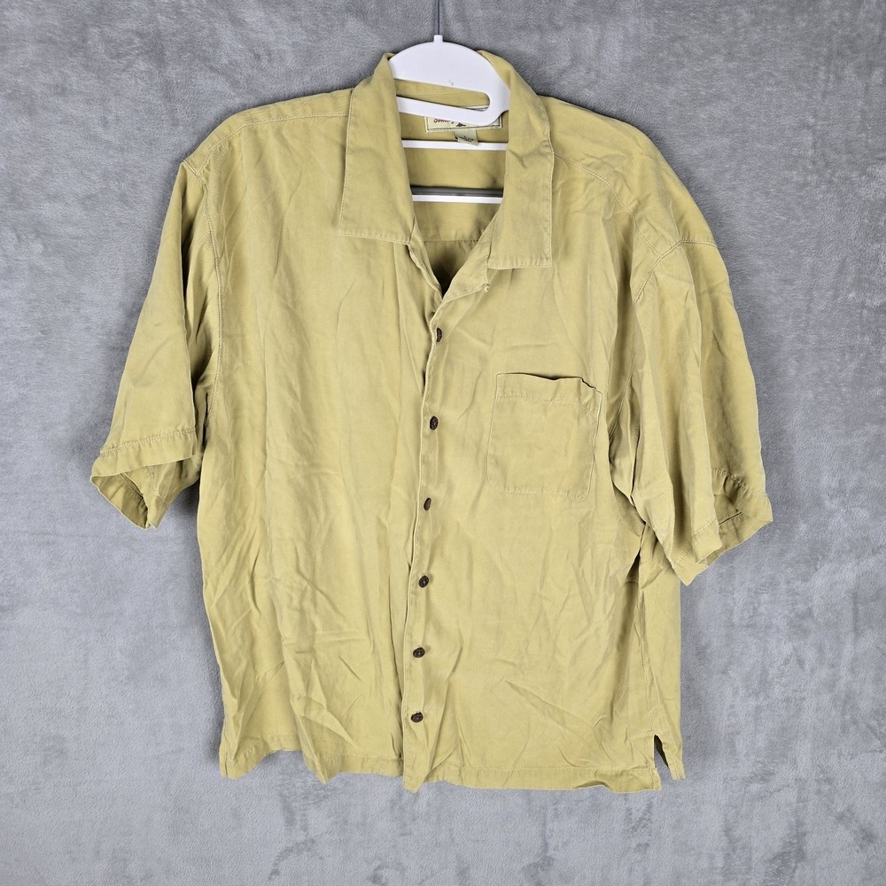 Tommy Bahama Mens Large 100%‎ Silk Short Sleeve Button Down Camp Shirt Khaki Tan